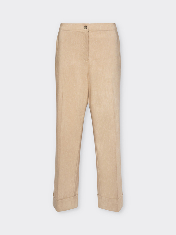 Pantaloni cropped in lino stretch con risvolto