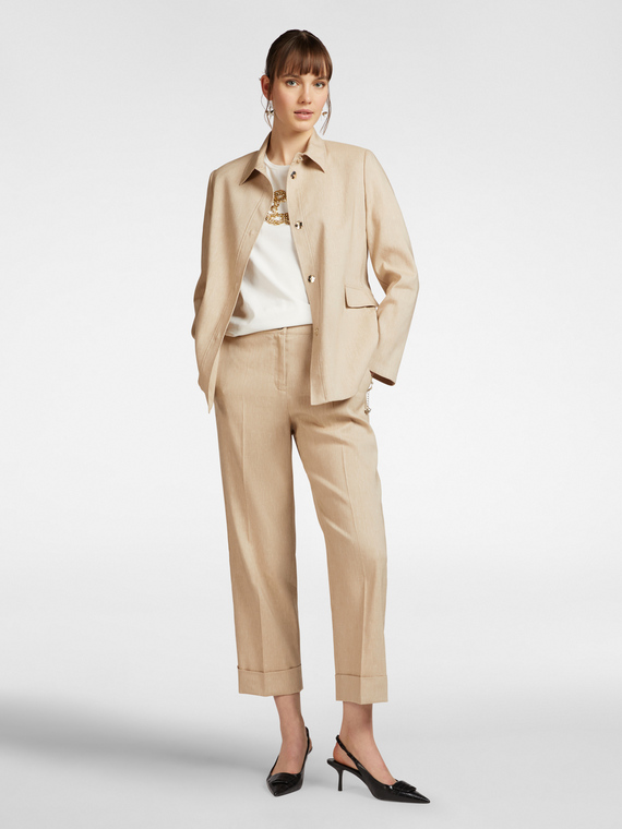 Pantaloni cropped in lino stretch con risvolto