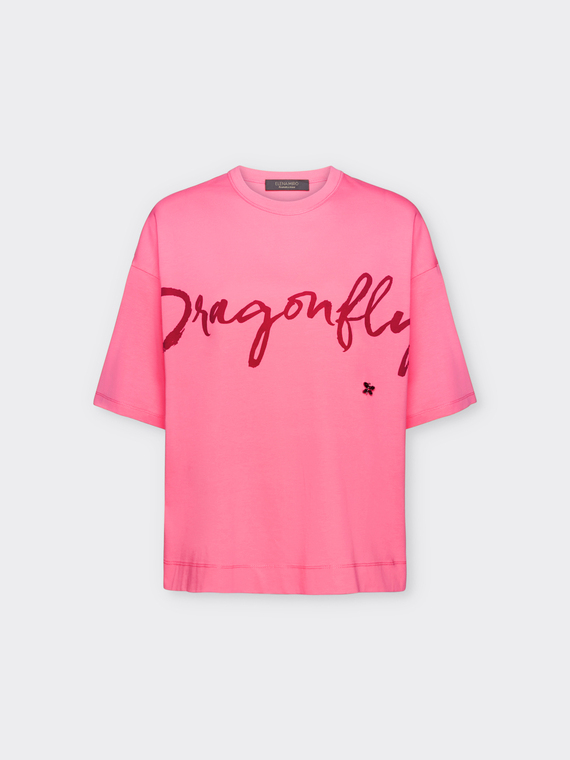 T-shirt con scritta "Dragonfly" e ricamo