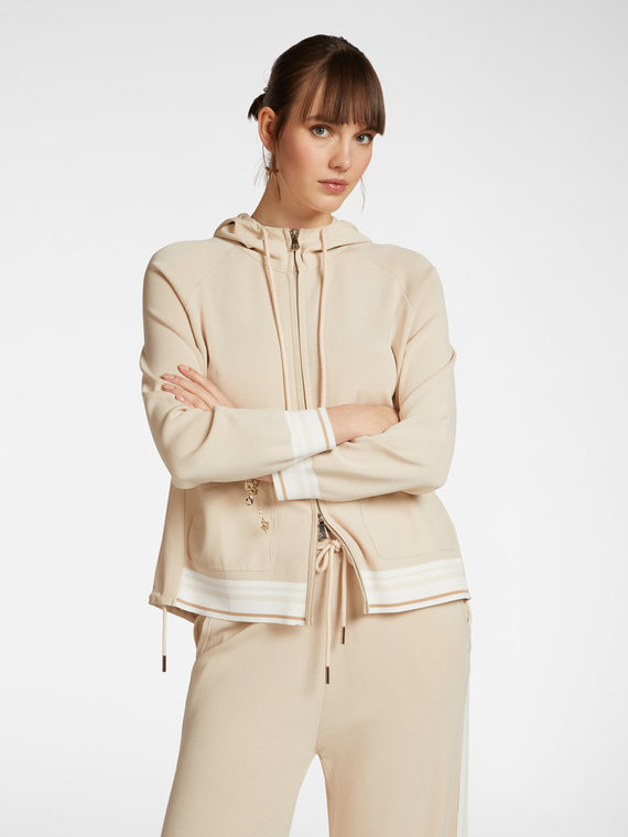 Cardigan con cappuccio e bordo a righe
