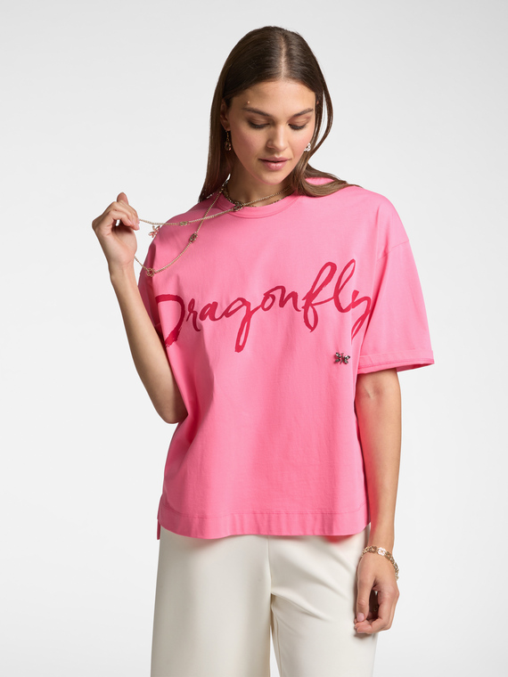 T-shirt con scritta "Dragonfly" e ricamo