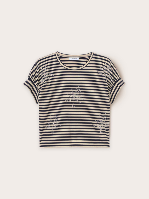 T-shirt à rayures avec strass et pierreries