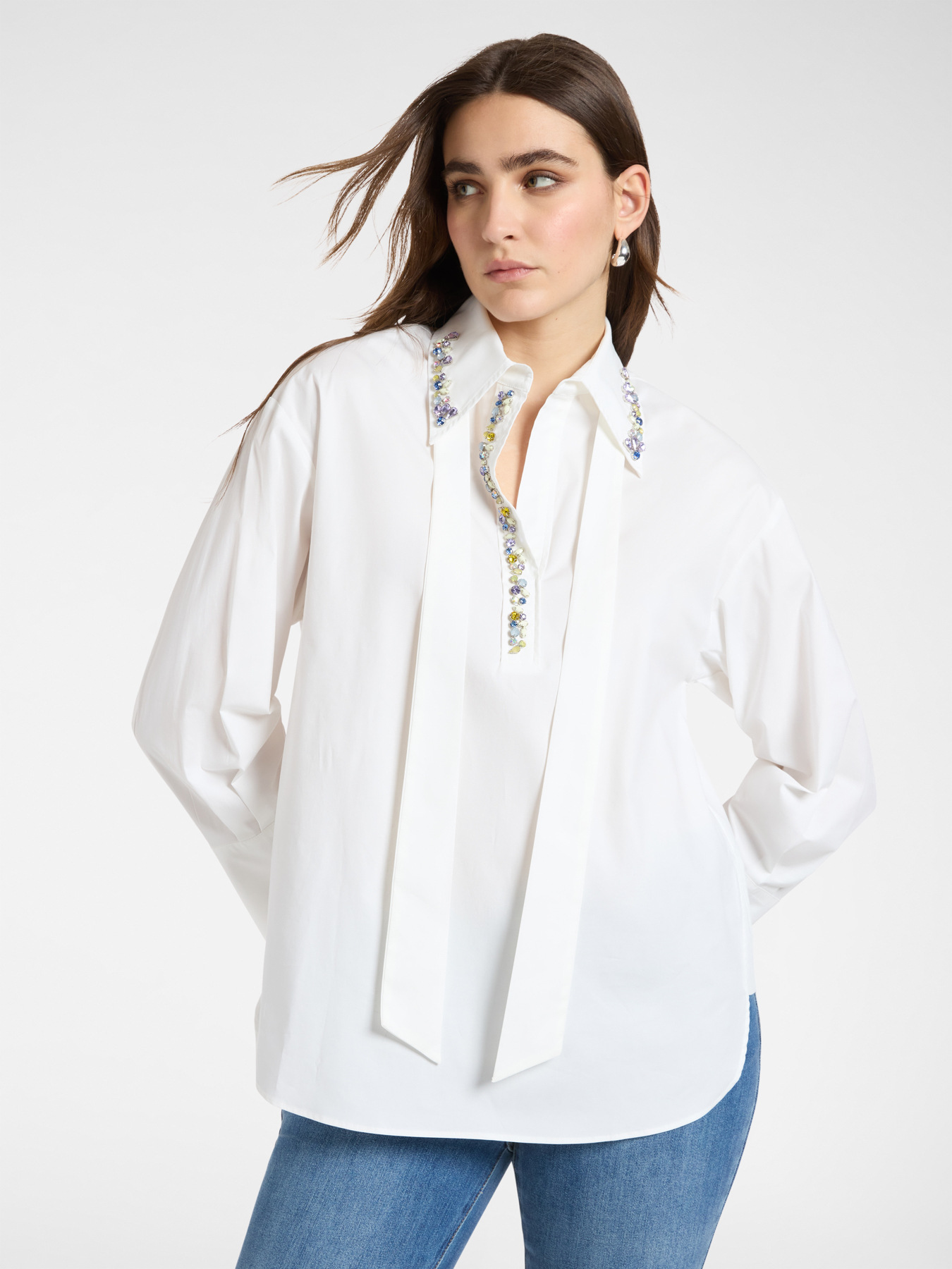 Camicia in popeline con cristalli image number 0