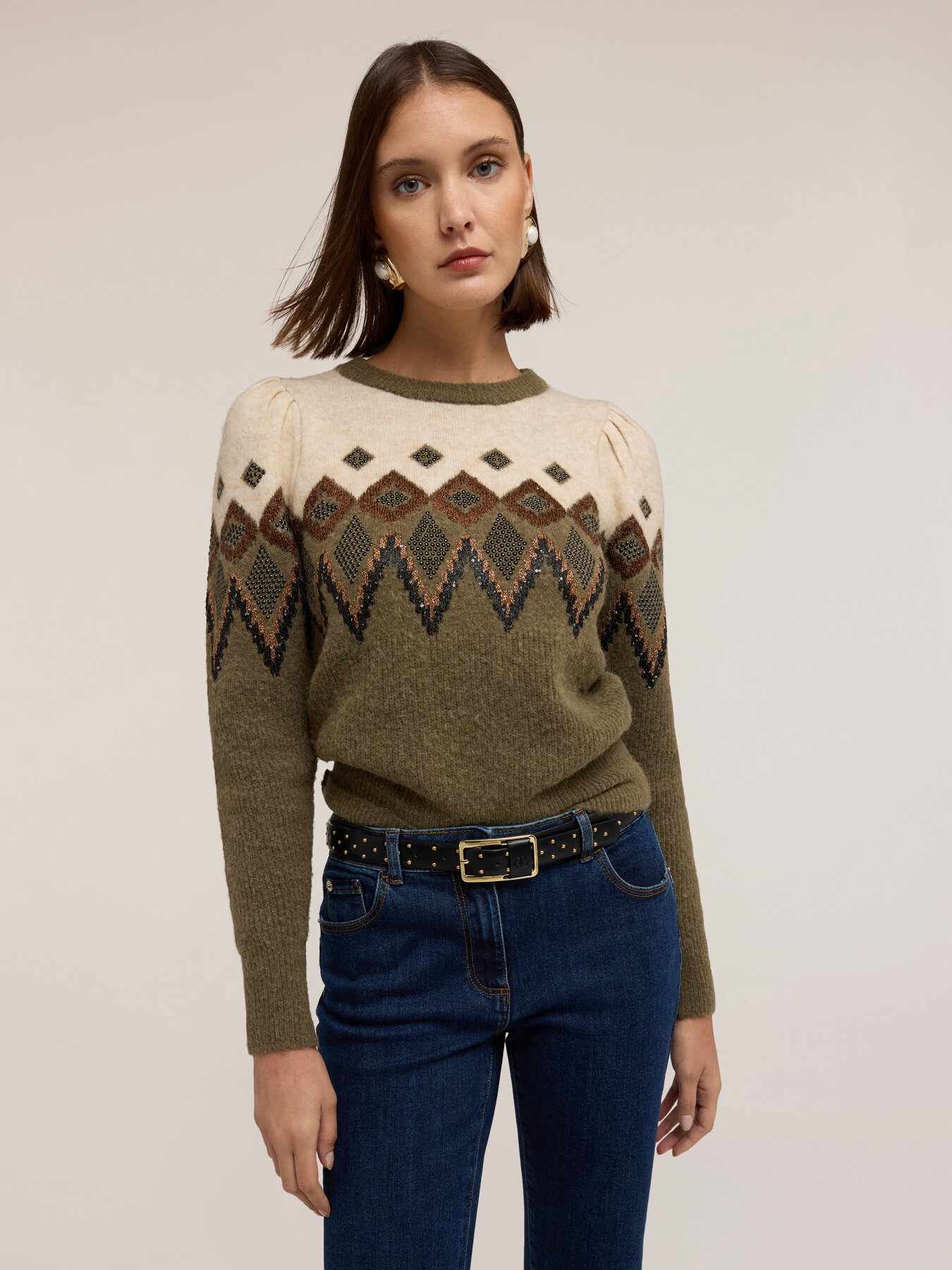 Jacquard sweater with balloon sleeves image number 0