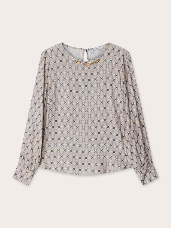 Geometric print blouse with stone embroidery