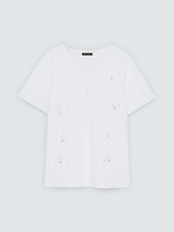 T-Shirt aus Baumwolle mit Blumen aus Perlen