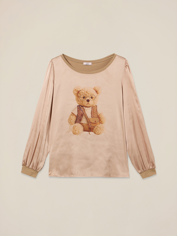 Bi-material t-shirt with print and appliqués