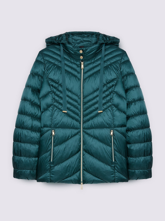 Quilted down jacket with chevron pattern and hood