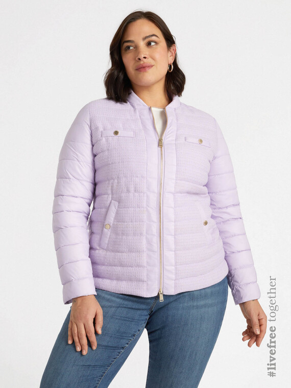 Daunenjacke mit Vorderteil aus Bouclè und Lurex-Details