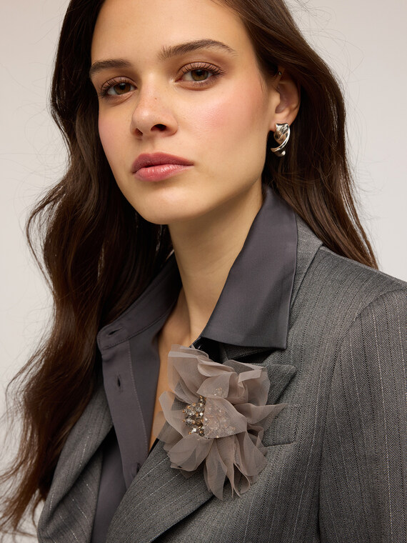 Pinstriped lurex blazer with flower brooch