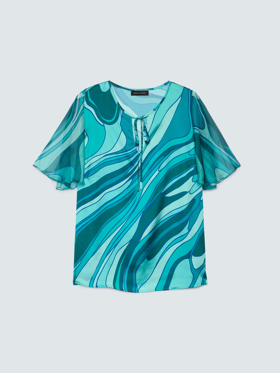 Bluse aus zwei Materialien mit Print