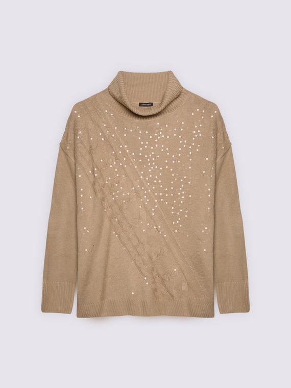 Cable knit turtleneck sweater with sequins