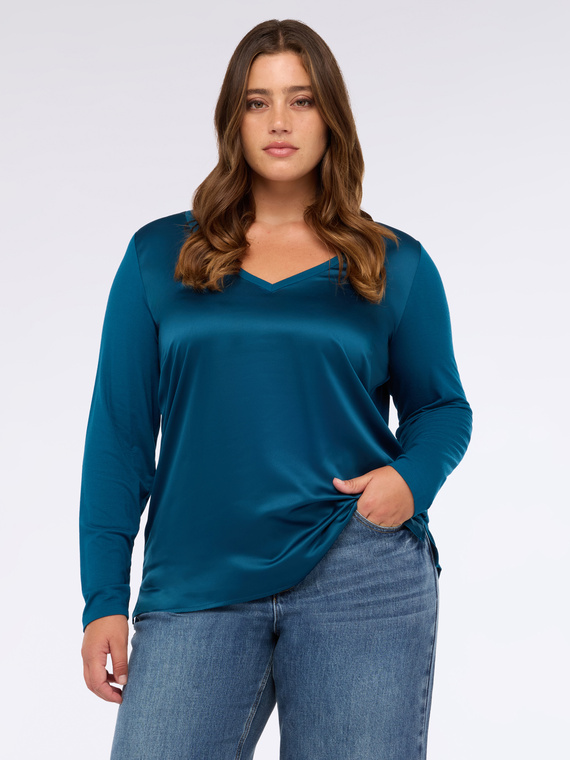 Two-material V-neck T-shirt with long sleeves