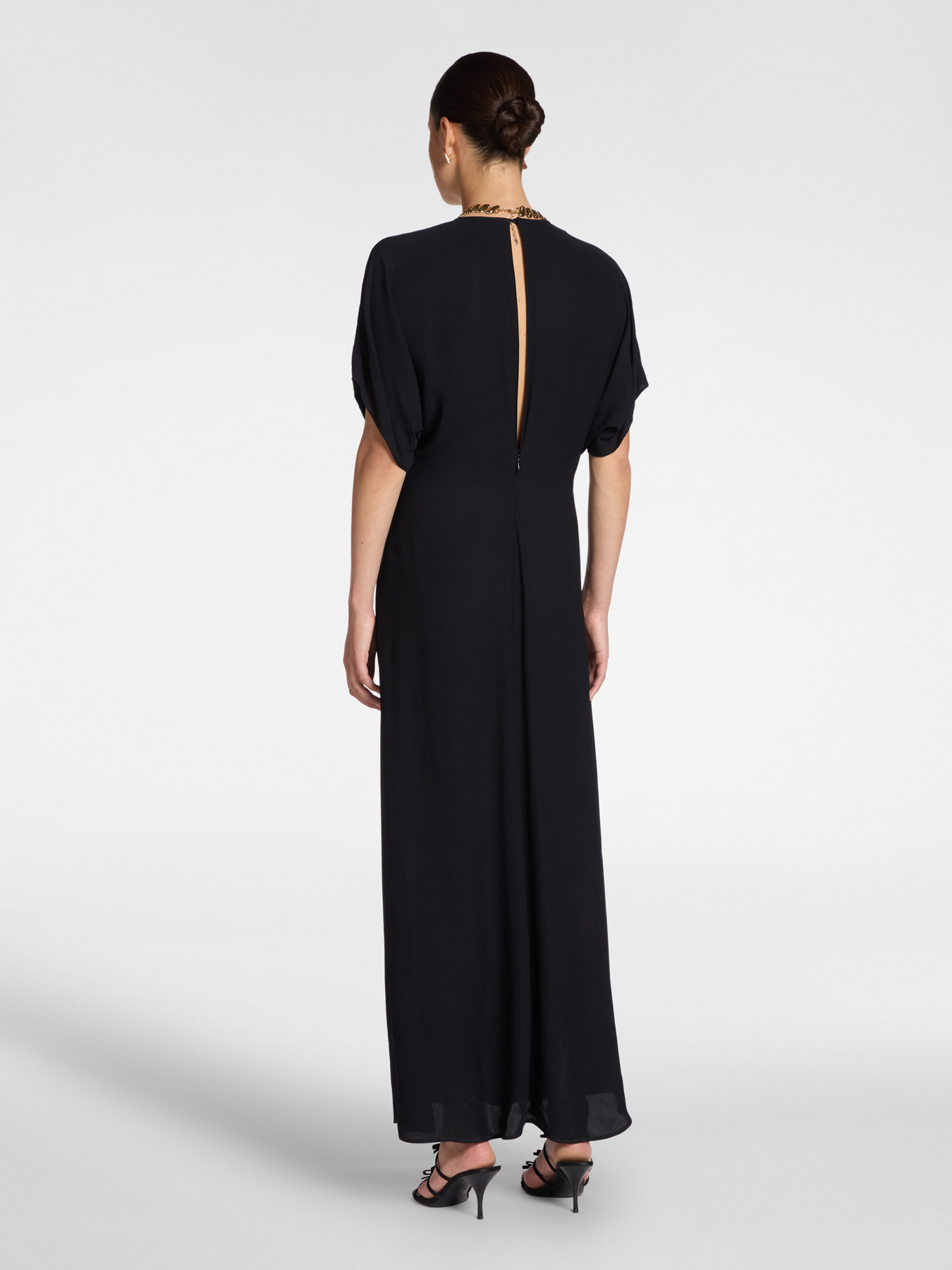 Long cr&ecirc;pe de chine dress with draping image number 1