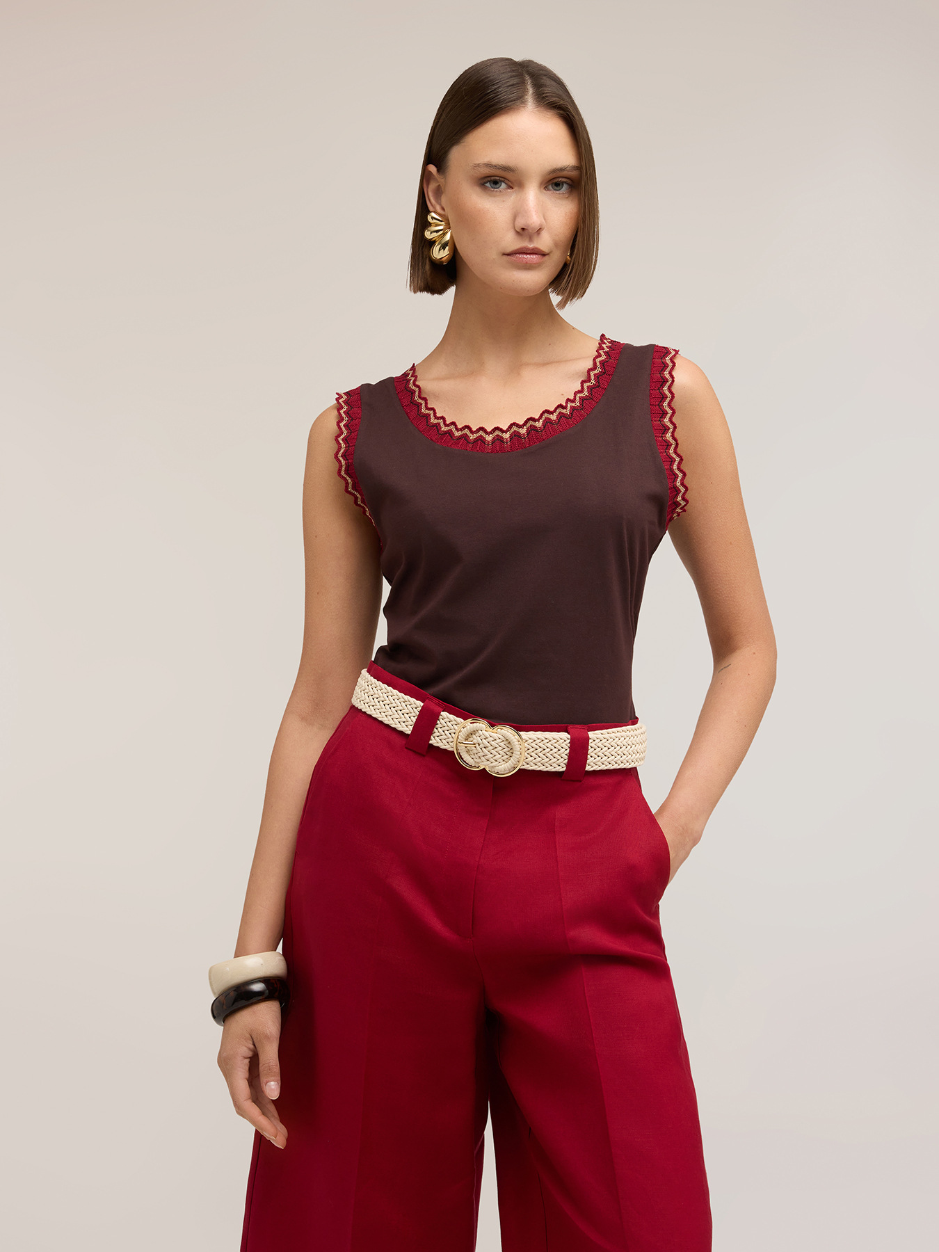 Top din jersey cu bordură din tricotaj image number 0
