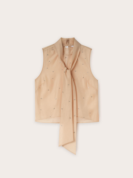 Top in organza con ricamo di strass