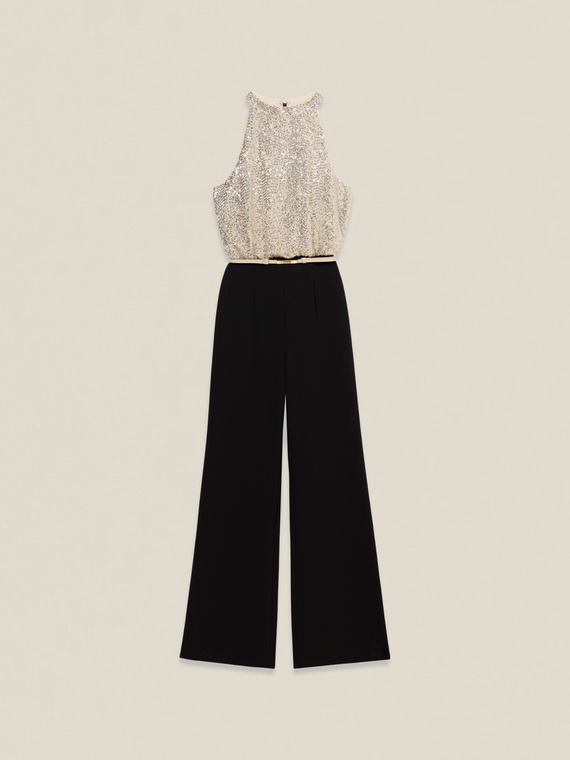 Two-material jumpsuit with sequin top