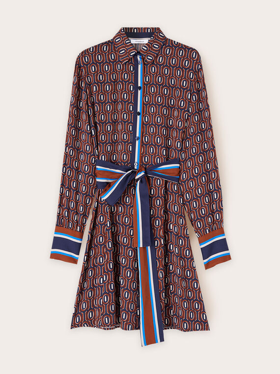 Geometric patterned satin shirt dress