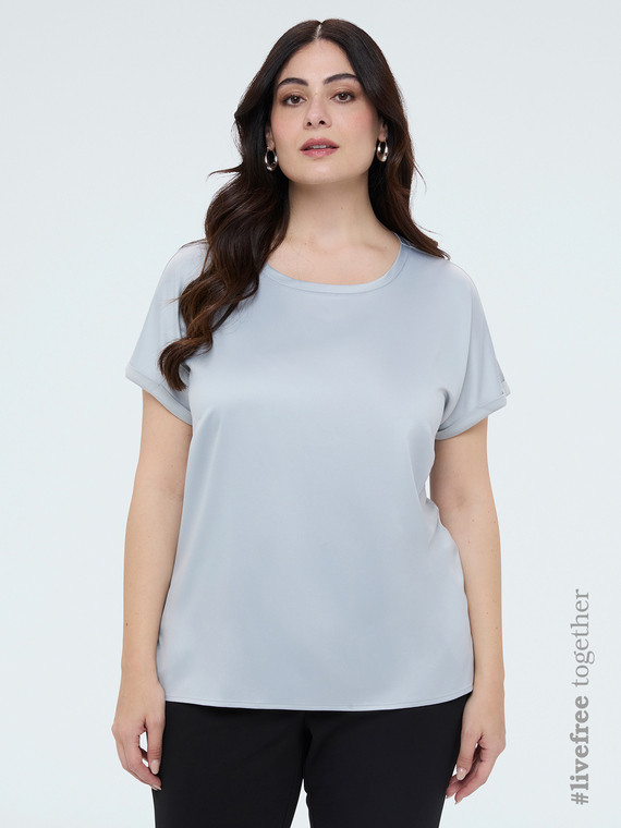 Bi-material t-shirt with round neckline