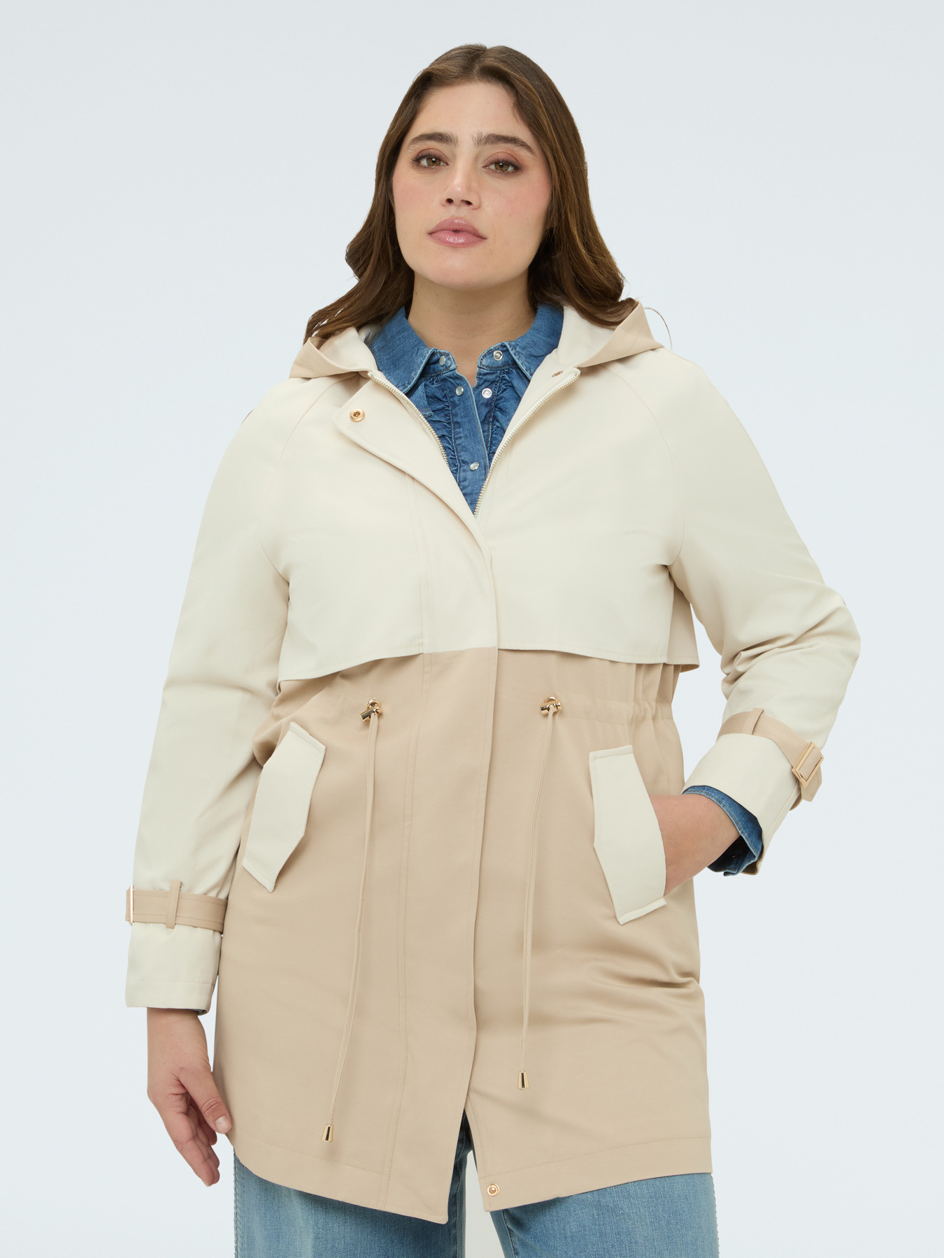 Two-tone hooded trench coat image number 0