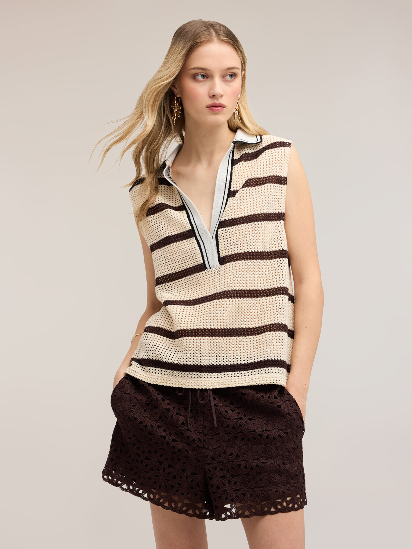 Striped ajour&eacute; knit top with polo collar image number 3