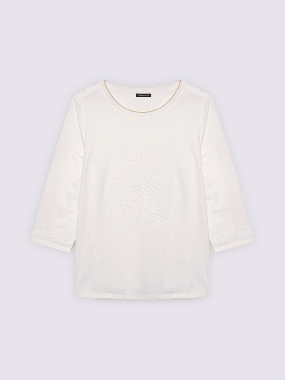 T-shirt in jersey con ricamo tono su tono maniche tre quarti