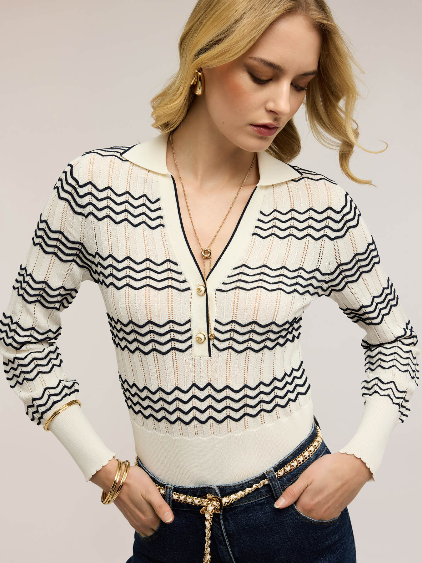 Fine knit chevron stripe polo image number 0