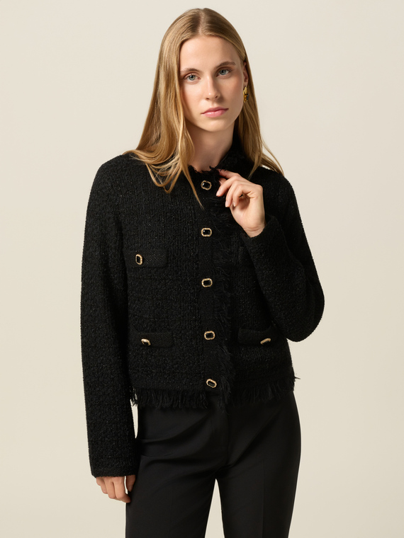 Wool blend cardigan with fringe and buttons