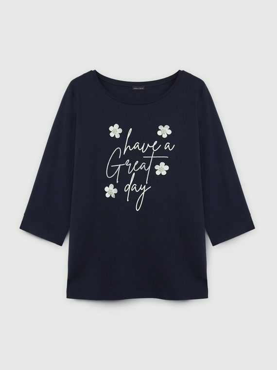 T-Shirt mit Schriftzug und aufgestickten Blumen