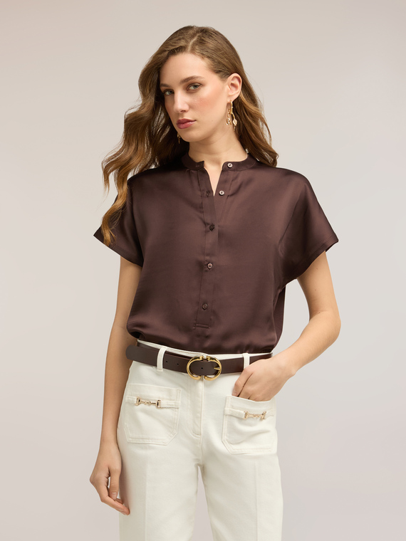Satin T-shirt with henley neckline