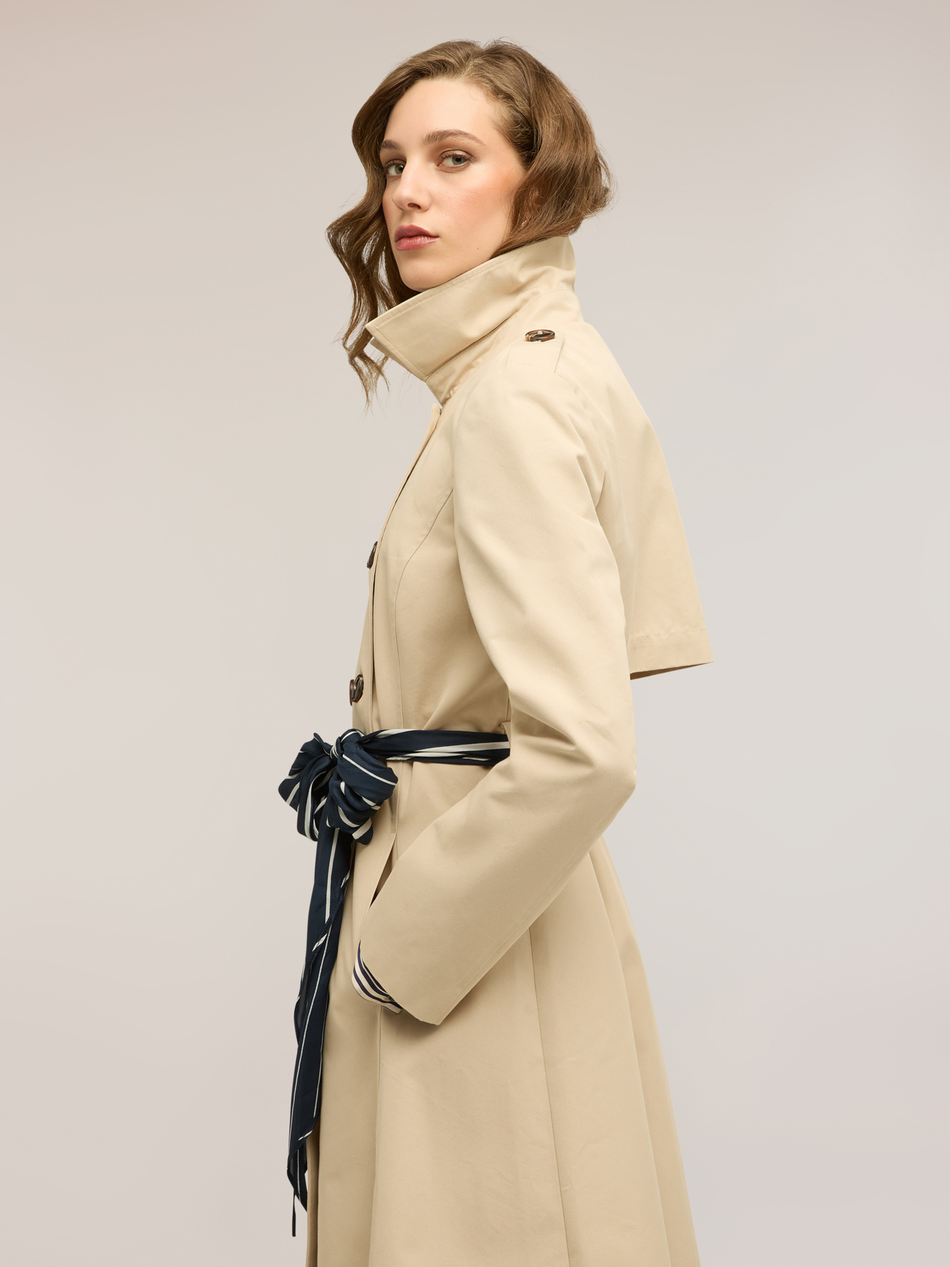 Mixed cotton drill trench coat with double belt image number 5