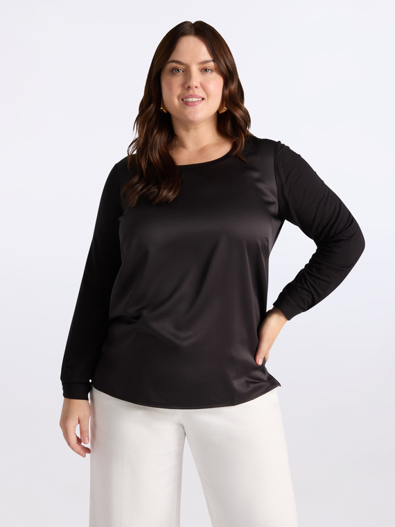 Long-sleeved satin and jersey T-shirt