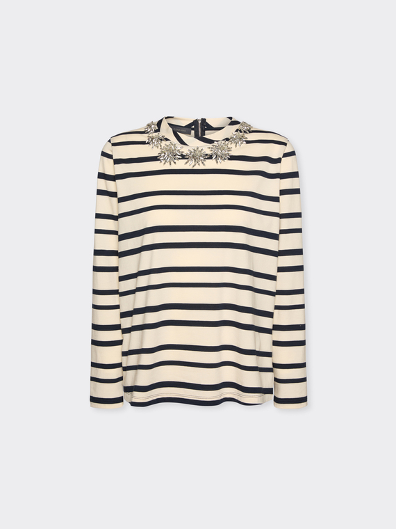 Gestreiftes T-Shirt mit Blumenstickerei
