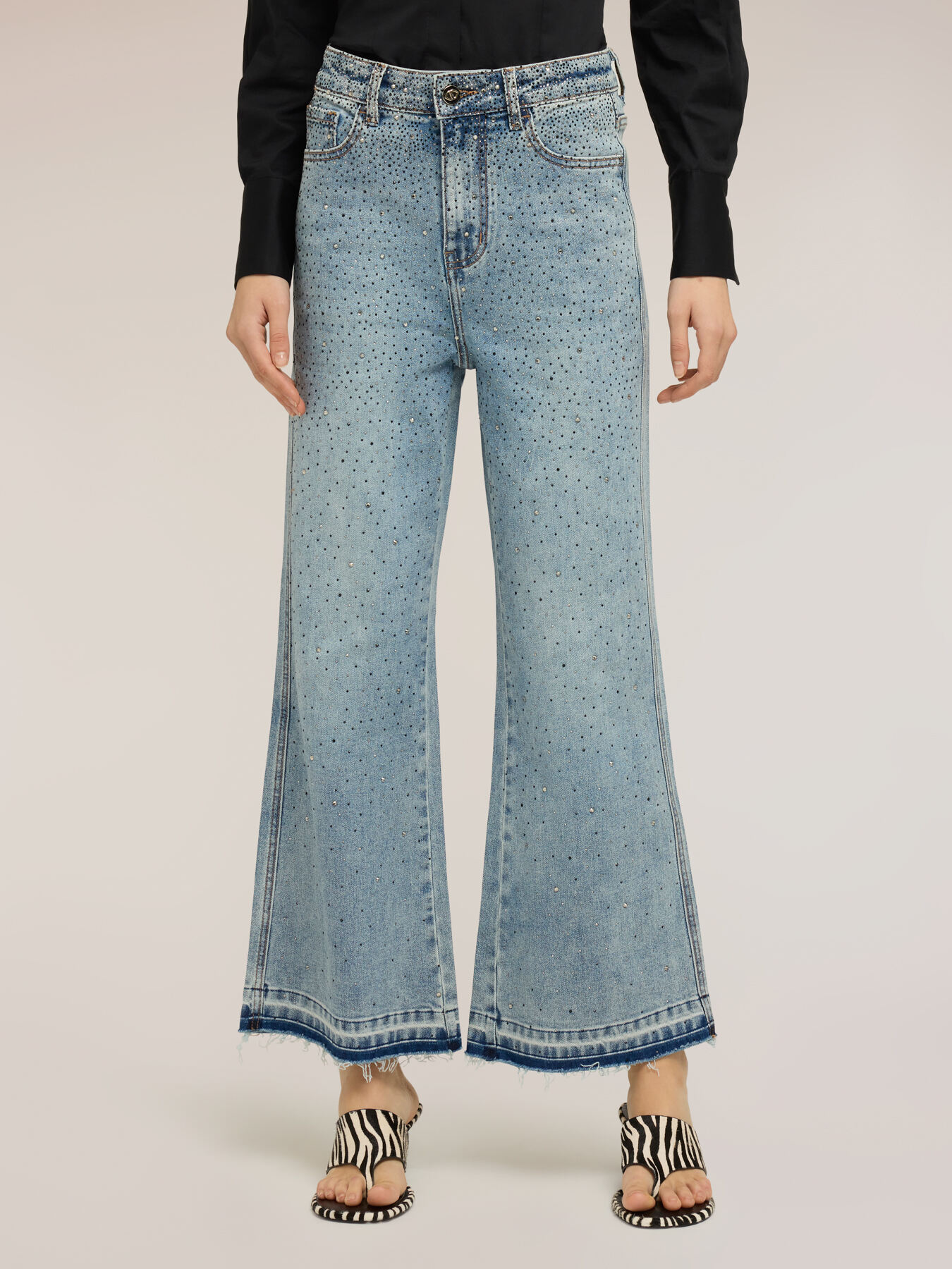 Palazzo jeans with rhinestone embellishments image number 0
