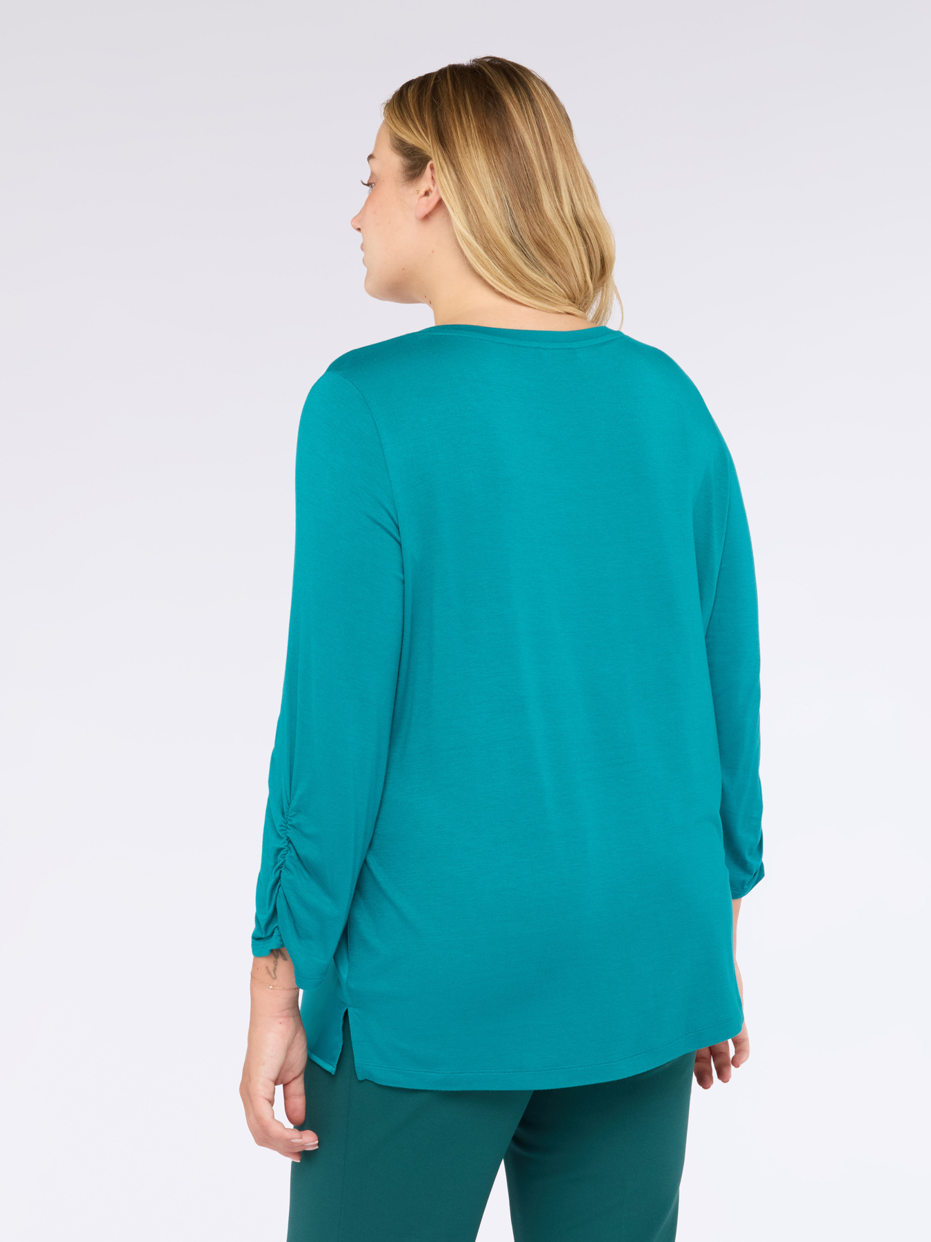 Two-material T-shirt with three-quarter sleeves in satin and jersey image number 1