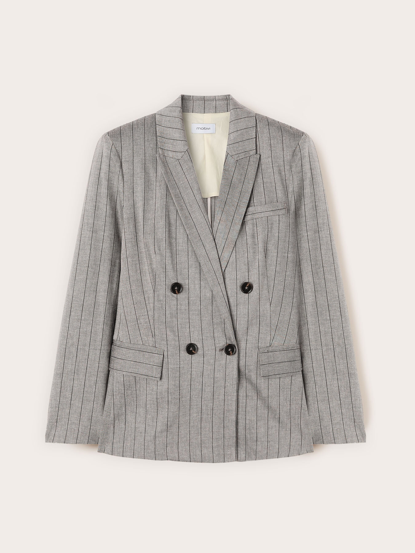 Blazer cu două r&acirc;nduri de nasturi &icirc;n dungi, din amestec de in image number 4