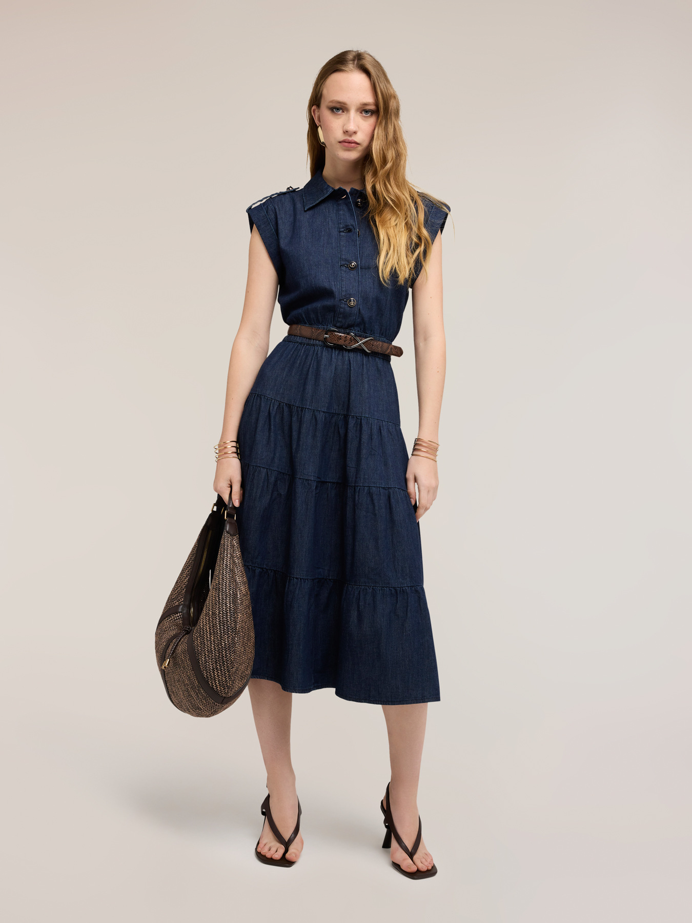 Denim shirt dress with ruffled skirt image number 0