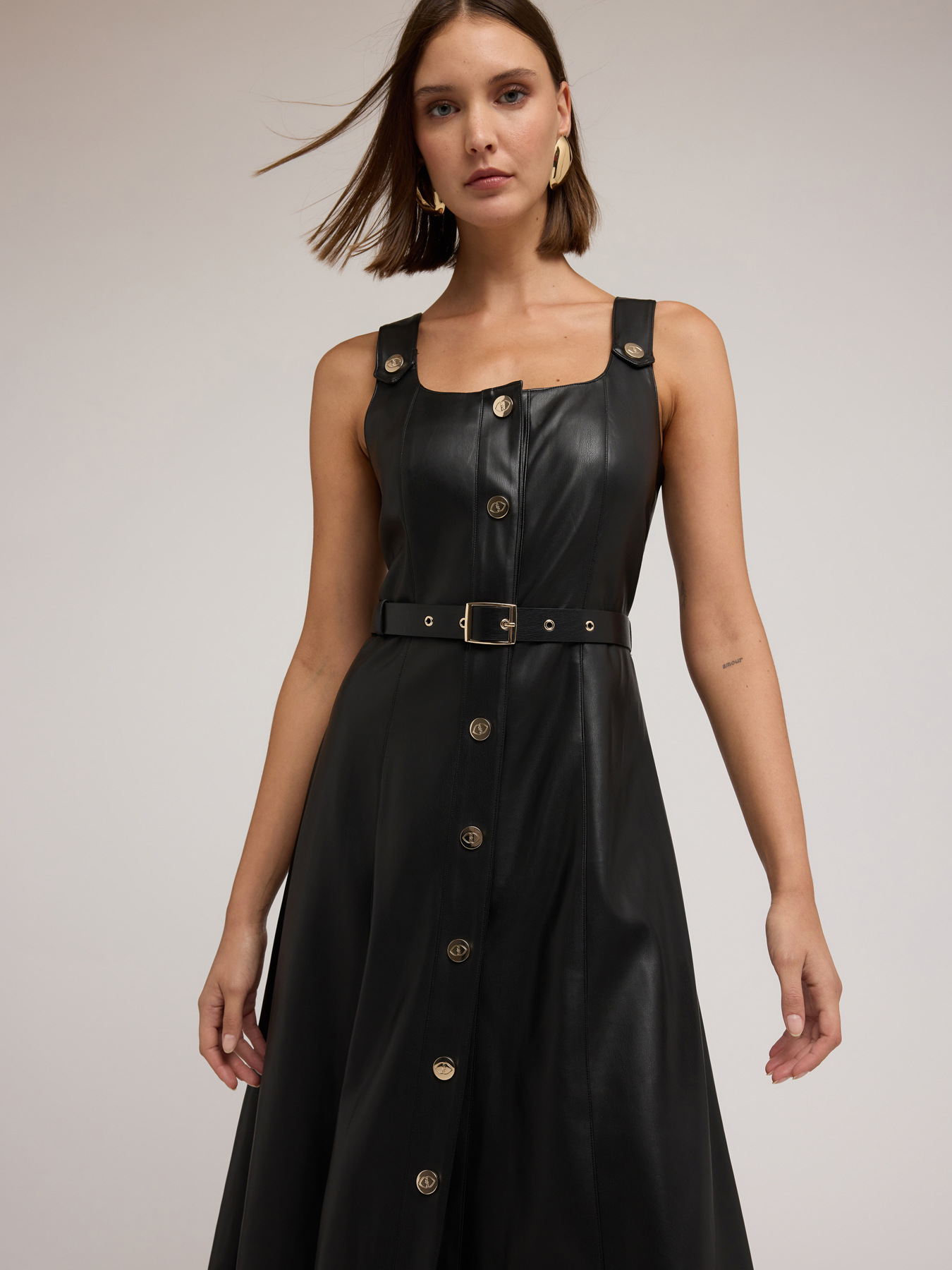 Vestito flare con cintura in tessuto spalmato image number 2