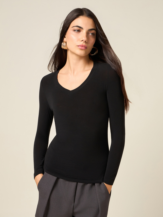 T-shirt misto cashmere scollo a V