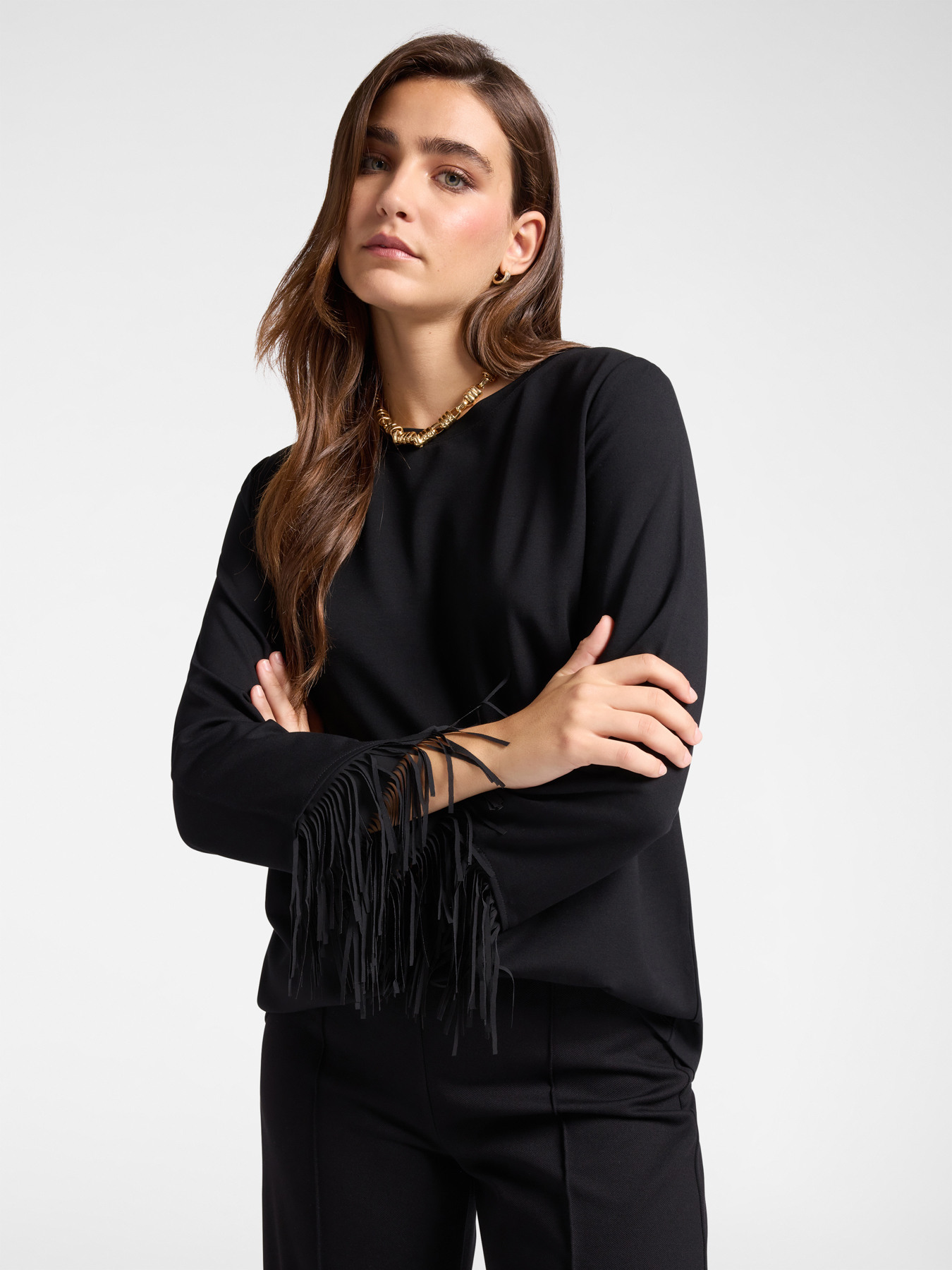 T-shirt con frange a fondo manica image number 0