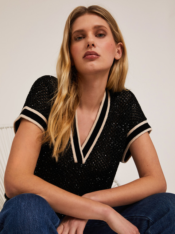 Pull ajouré avec micro-paillettes