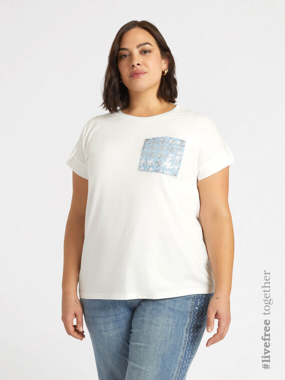 T-Shirt mit Pailletten bestickter Denim-Brusttasche