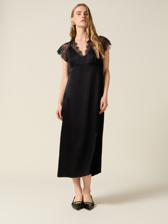 Vestito midi in raso con pizzo