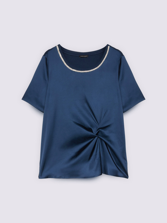 Bi-material t-shirt with draping and rhinestones