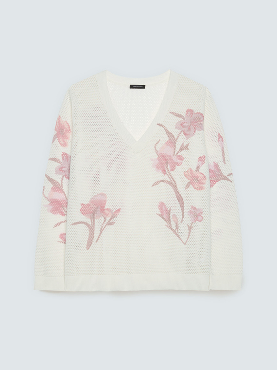Openwork knit top with floral print