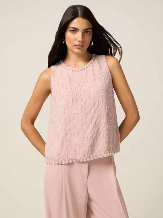 Top in georgette con perline e cristalli