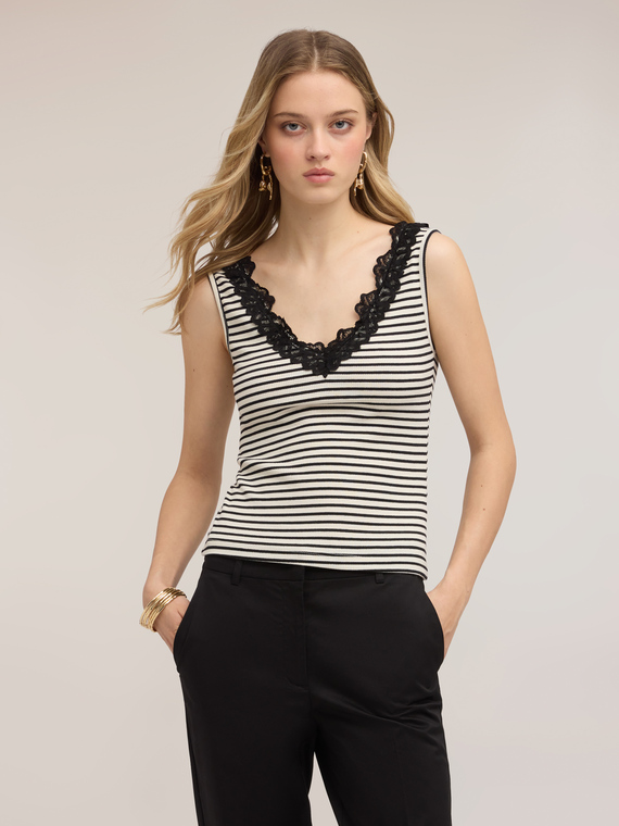 Striped top with lace trim
