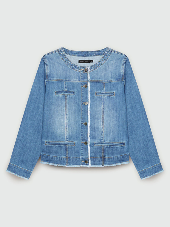 Denim-Blousonjacke mit Perlenstickerei