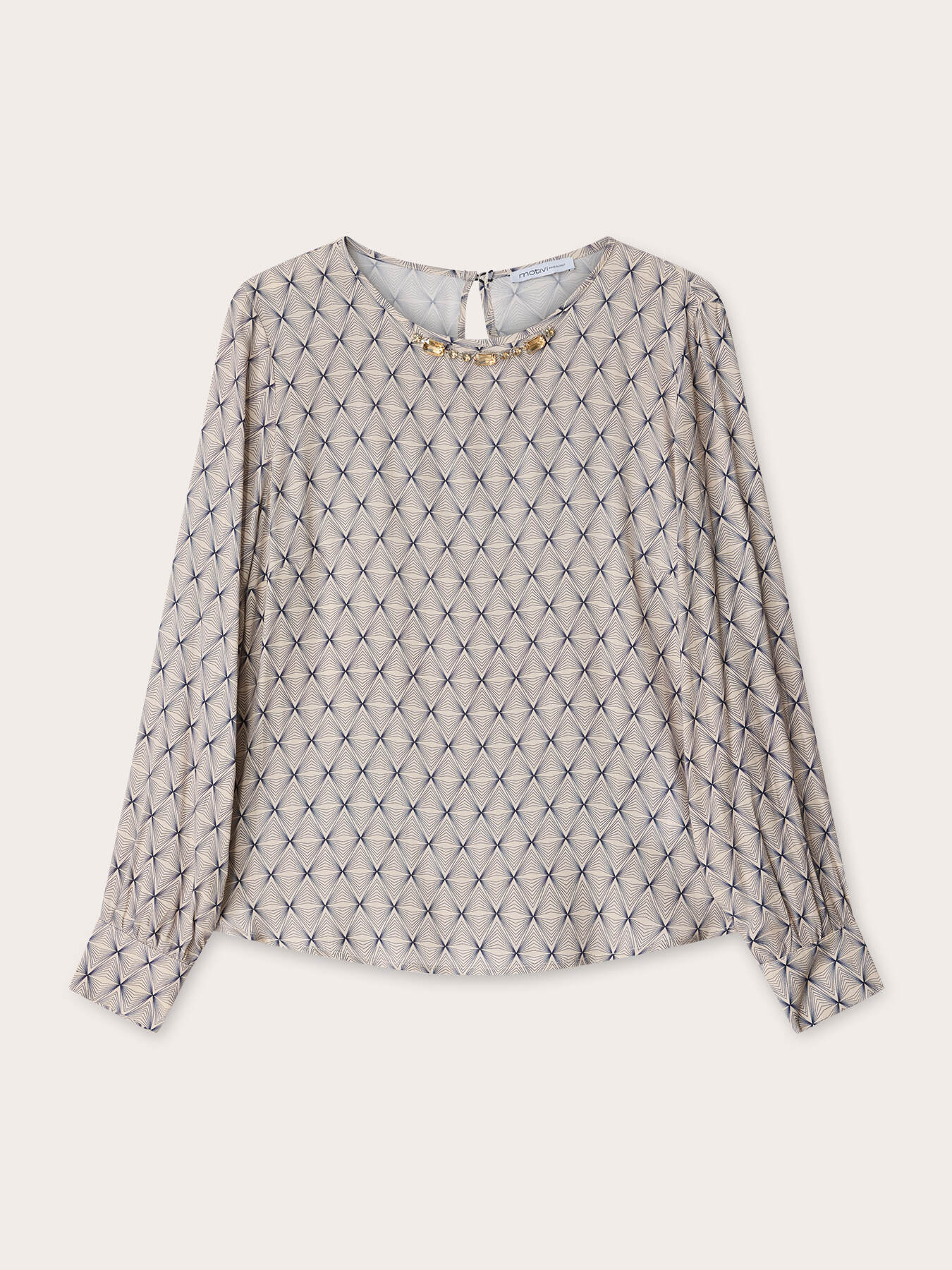 Geometric print blouse with stone embroidery image number 0