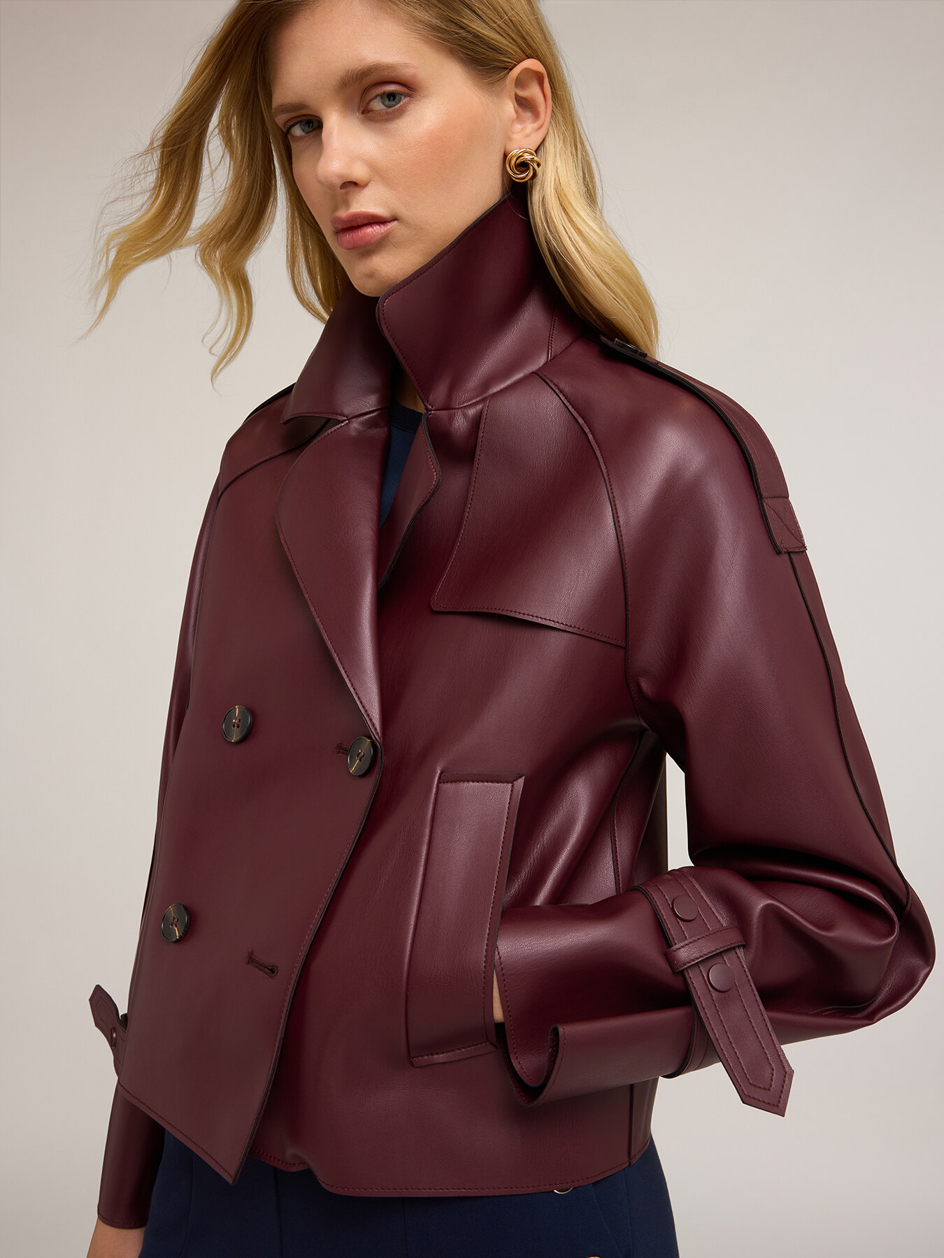 Short double-breasted trench coat in coated fabric image number 0